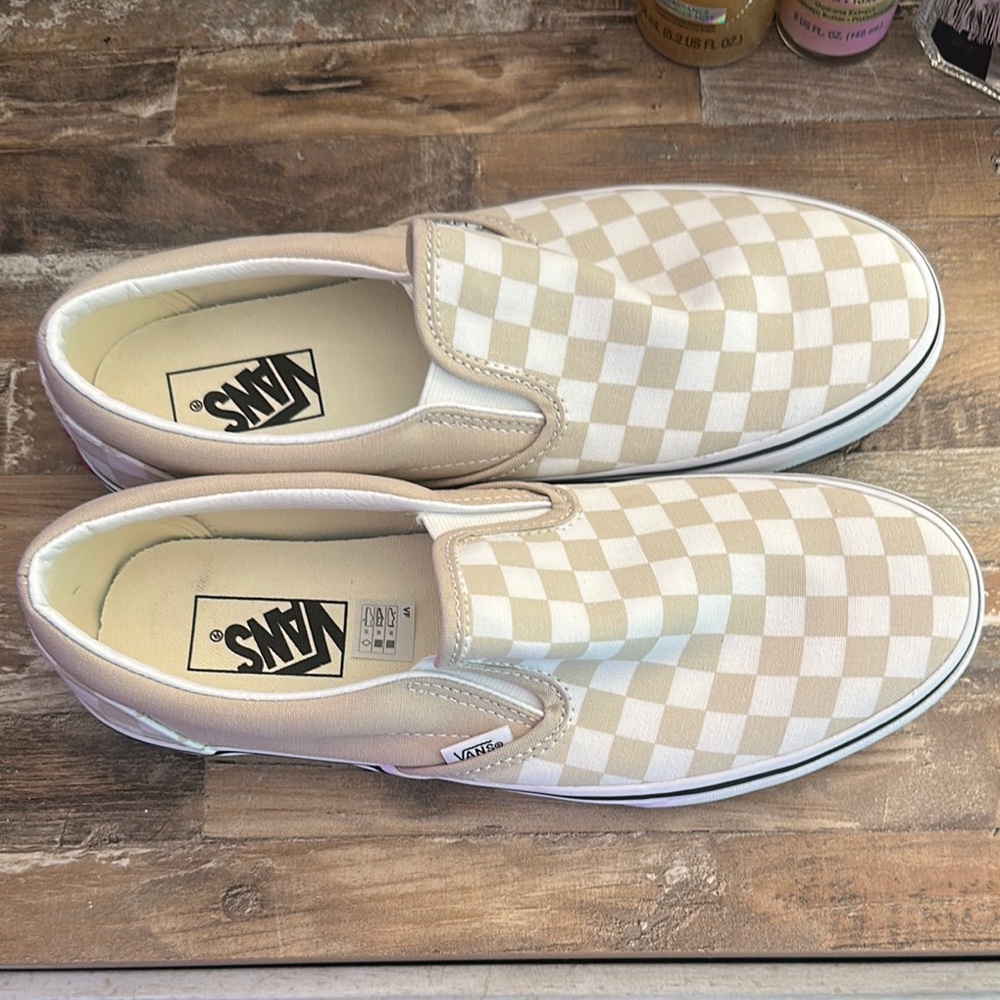 Vans Men's Tan and White Checkered Slip-Ons
